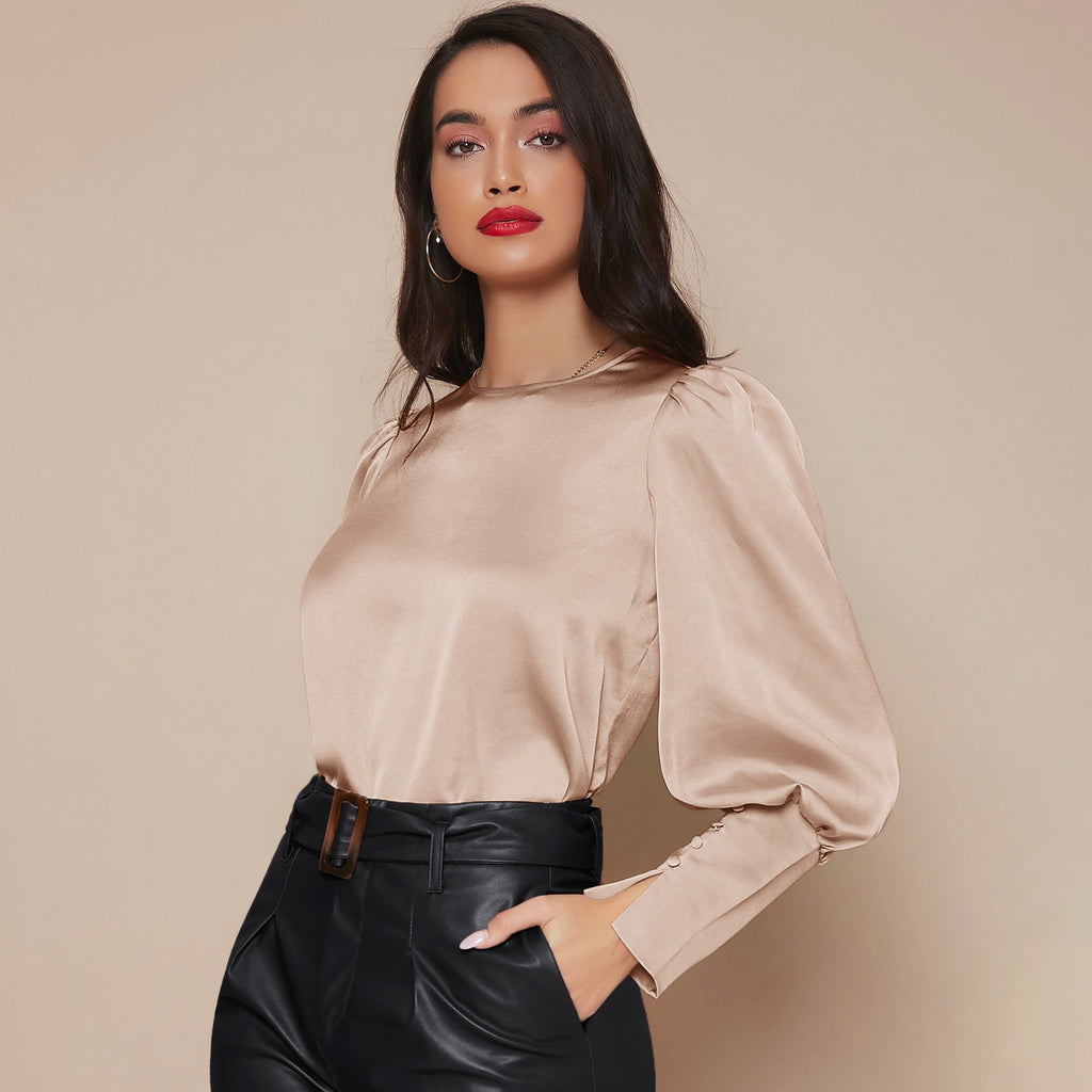 Women's Lantern Sleeve Silk Blouse Long Silk Shirt