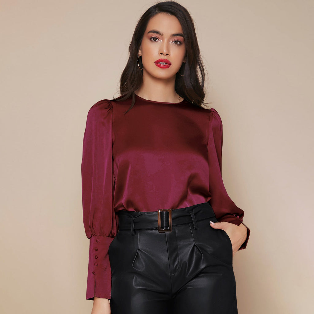 Women's Lantern Sleeve Silk Blouse Long Silk Shirt