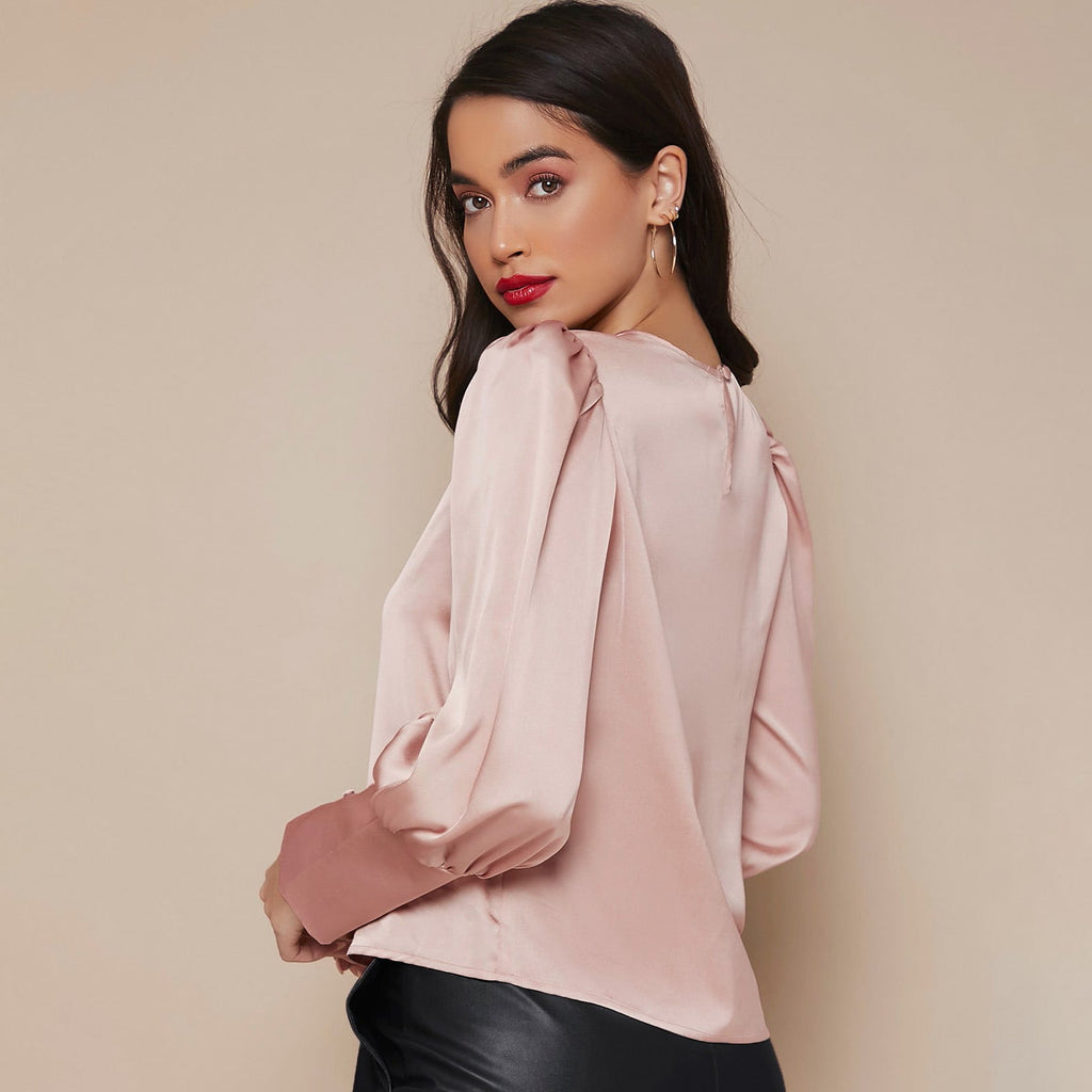 Women's Lantern Sleeve Silk Blouse Long Silk Shirt