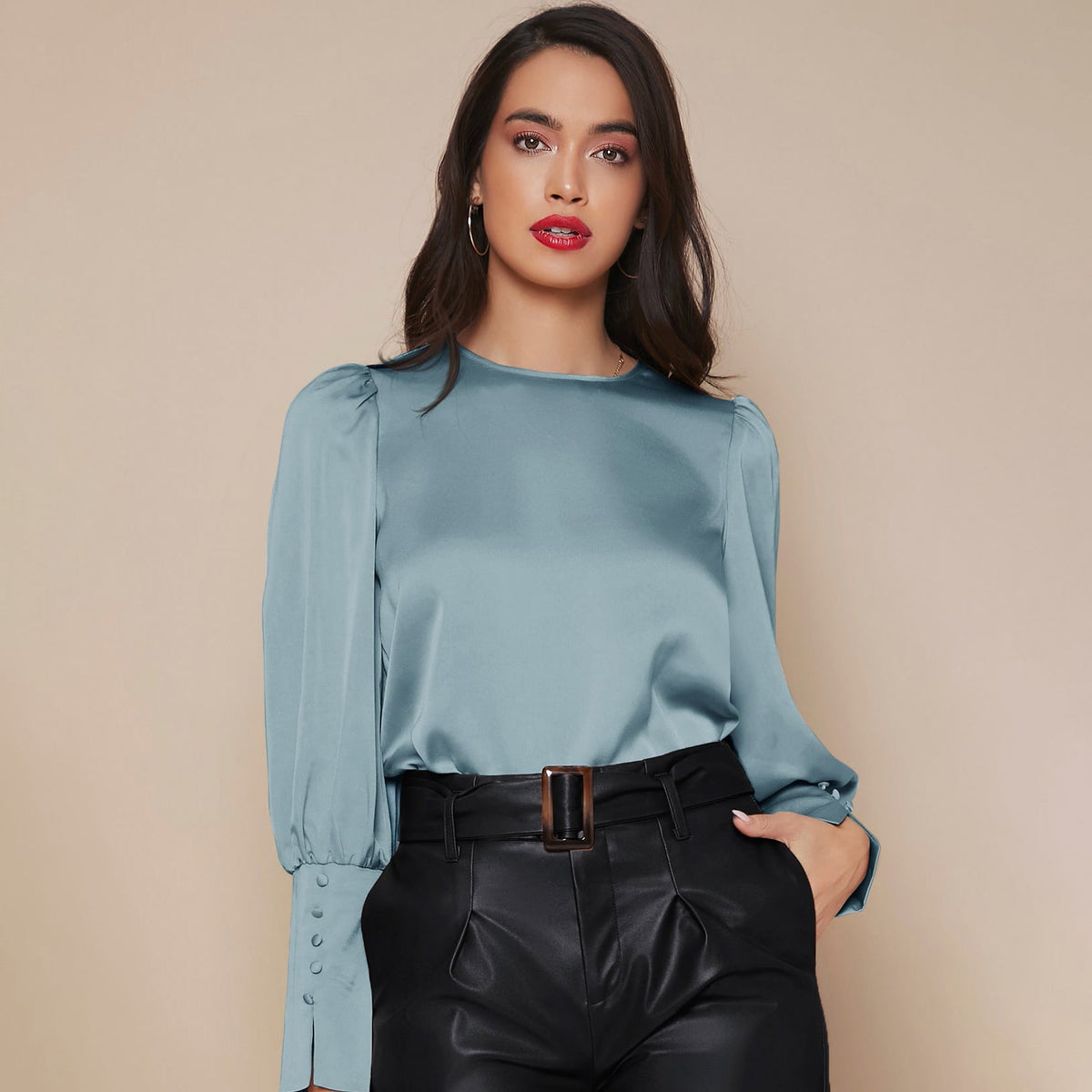 Women's Lantern Sleeve Silk Blouse Long Silk Shirt