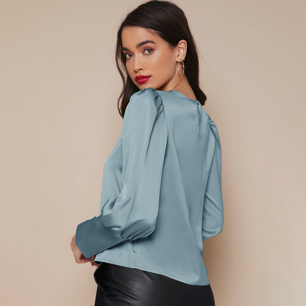 Women's Lantern Sleeve Silk Blouse Long Silk Shirt
