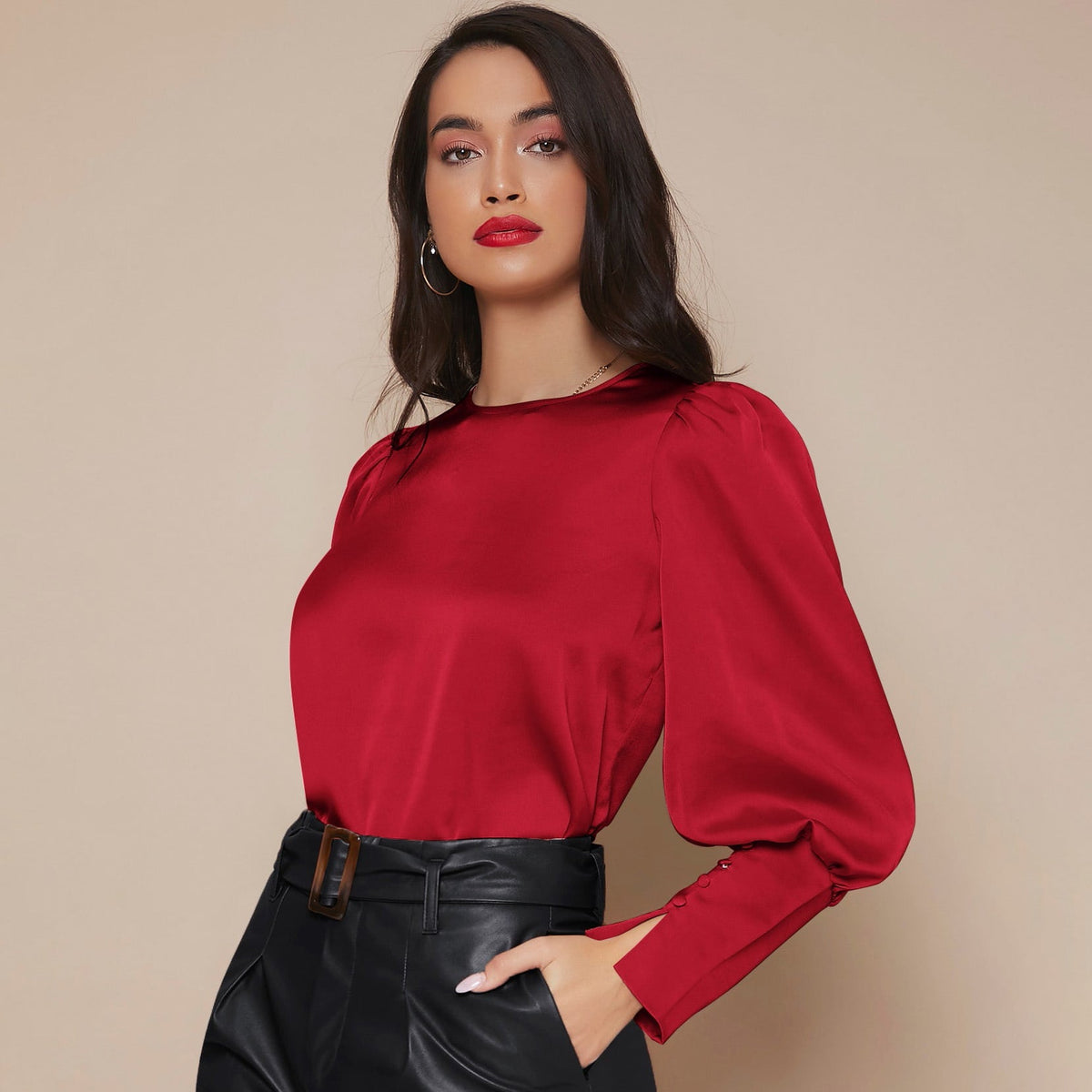 Women's Lantern Sleeve Silk Blouse Long Silk Shirt