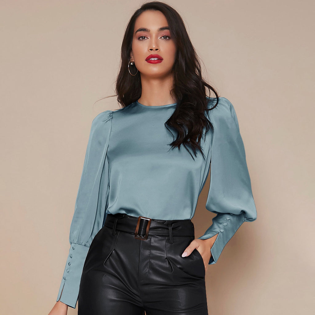 Women's Lantern Sleeve Silk Blouse Long Silk Shirt