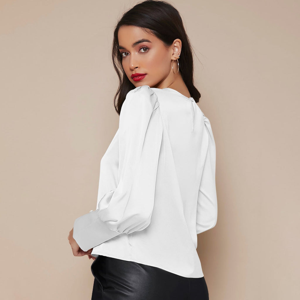 Women's Lantern Sleeve Silk Blouse Long Silk Shirt
