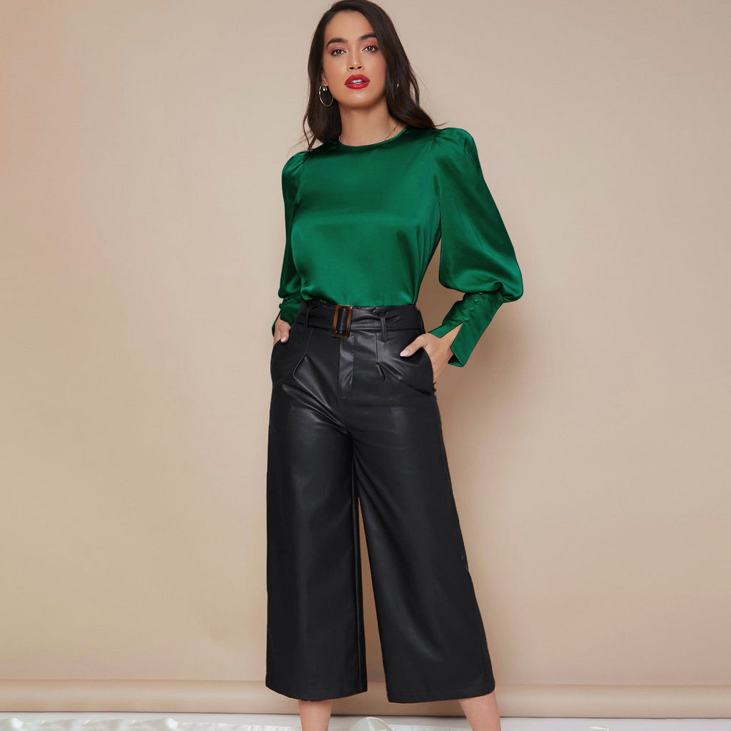Women's Lantern Sleeve Silk Blouse Long Silk Shirt