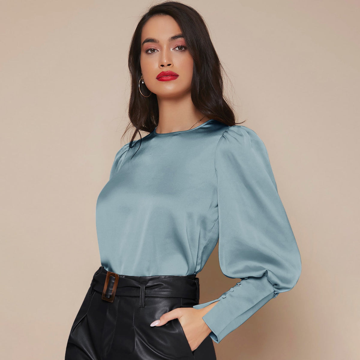 Women's Lantern Sleeve Silk Blouse Long Silk Shirt