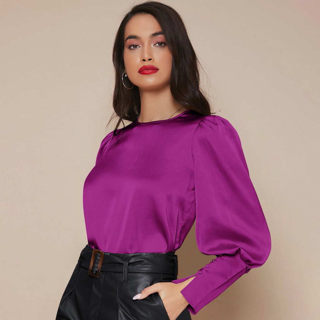 Women's Lantern Sleeve Silk Blouse Long Silk Shirt