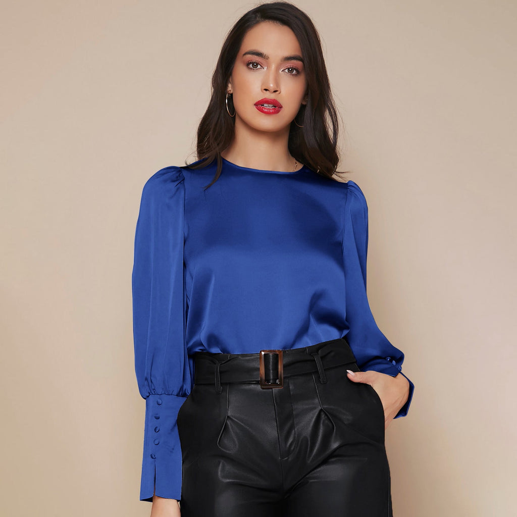 Women's Lantern Sleeve Silk Blouse Long Silk Shirt