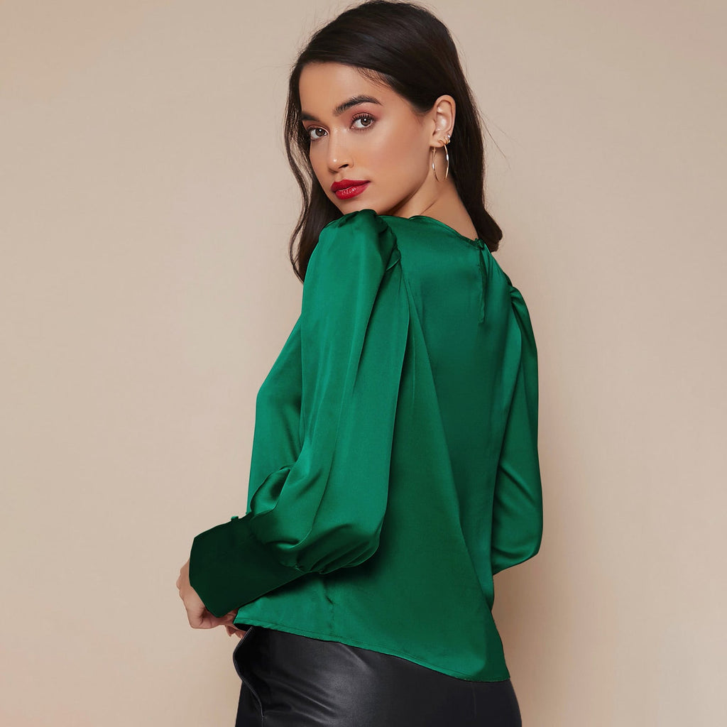 Women's Lantern Sleeve Silk Blouse Long Silk Shirt