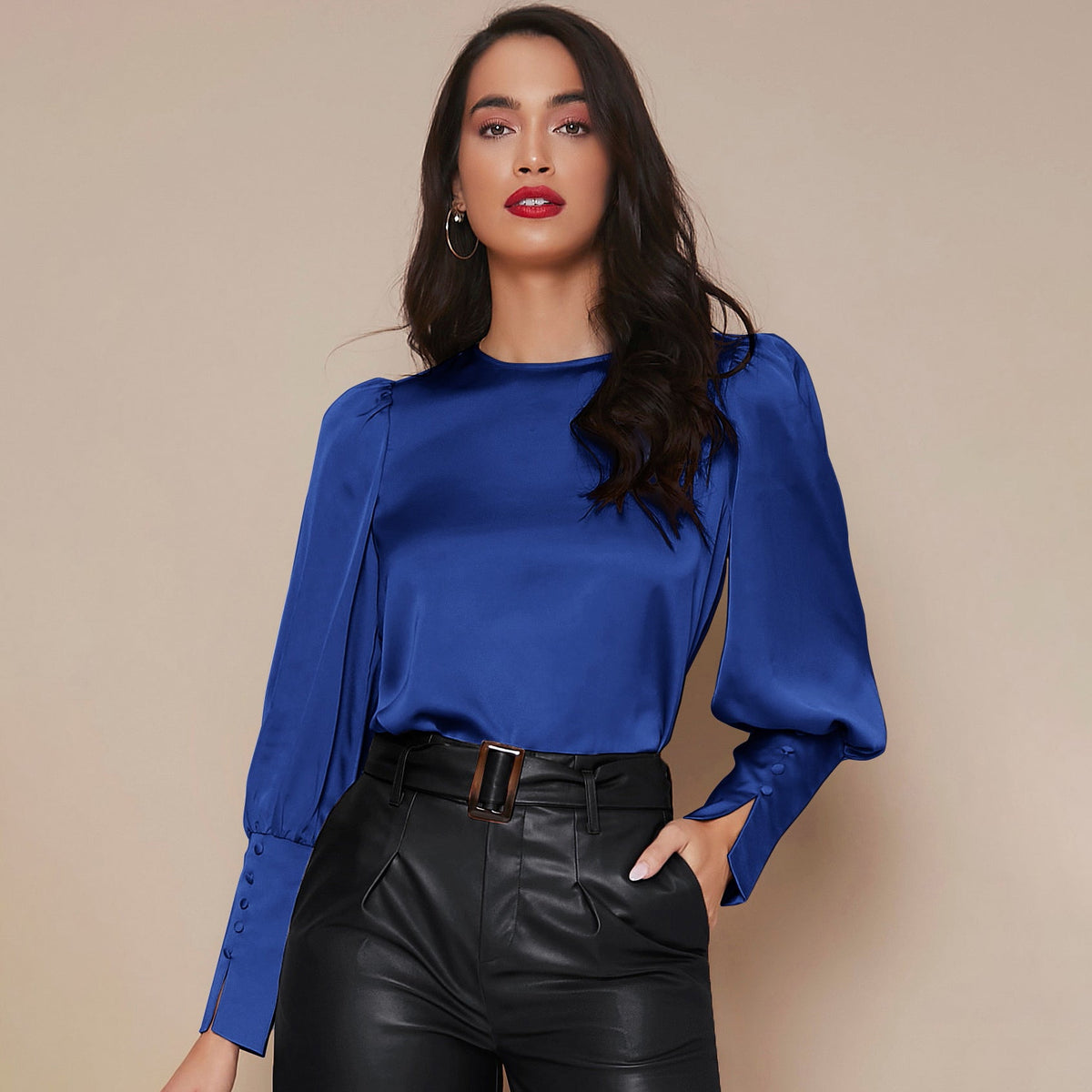 Women's Lantern Sleeve Silk Blouse Long Silk Shirt