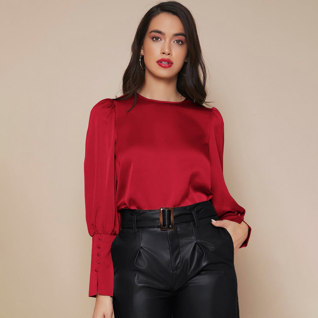Women's Lantern Sleeve Silk Blouse Long Silk Shirt