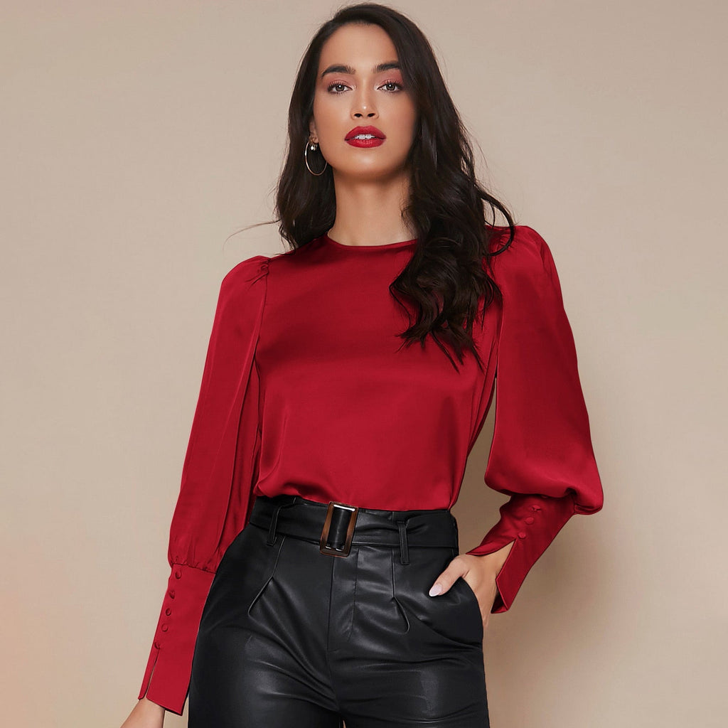 Women's Lantern Sleeve Silk Blouse Long Silk Shirt