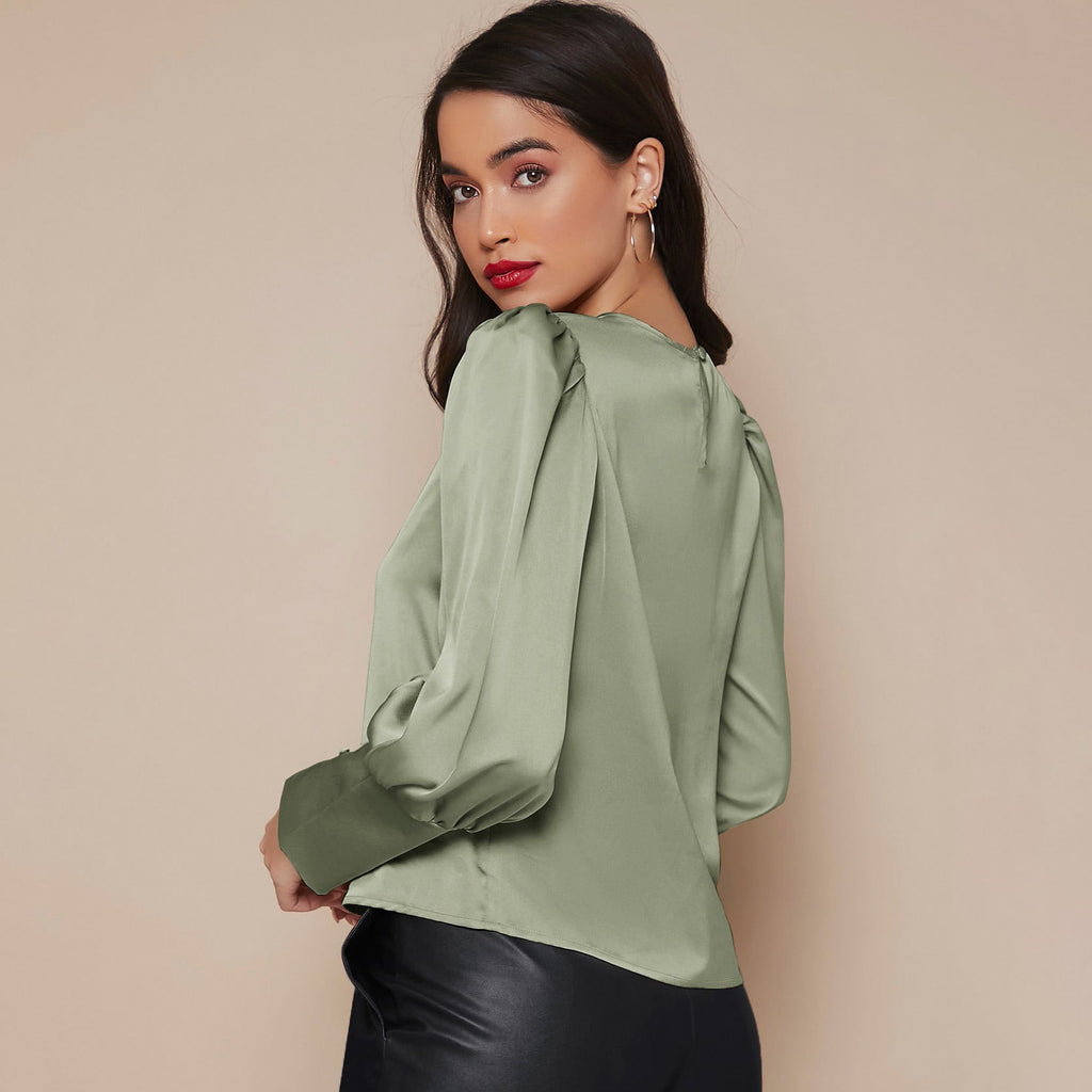 Women's Lantern Sleeve Silk Blouse Long Silk Shirt